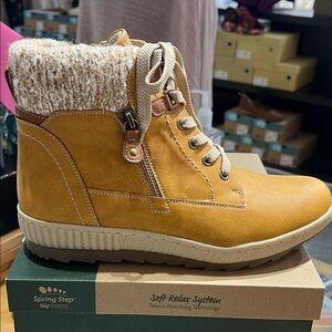 Spring Step Mustard Lace-Up Faux-Shearling Ankle Boot
